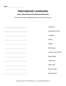 International  Landmarks Alphabetize