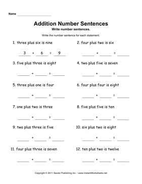 Addition Number Sentences 1 