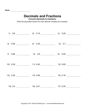 Convert Decimals Fractions 2 