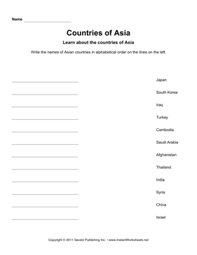 Countries Alphabetize Asia
