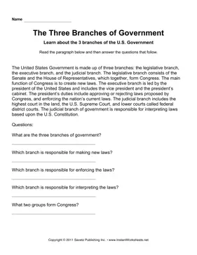 Government Three Branches Comprehension