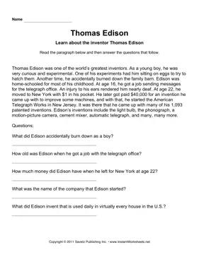 Important Inventors Comprehension Edison