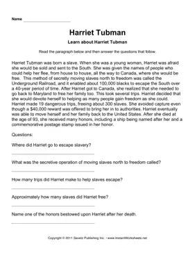 Important Women Comprehension Harriet Tubman