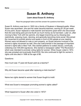 Important Women Comprehension Susan B Anthony