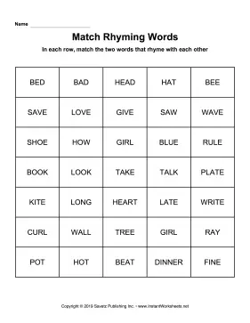 Match Rhyming Words Easy