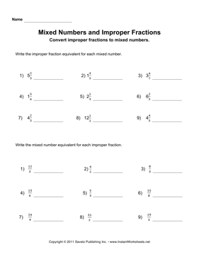 Mixed Numbers Improper Fractions 