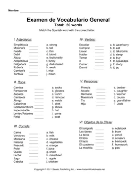 Spanish General Vocabulary Exam