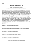 Important African Americans Comprehension Martin Luther King